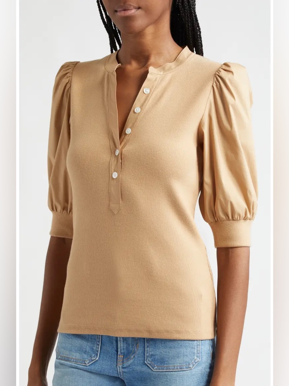 Veronica Beard Camel Coralee Puff Sleeve Pima Cotton Henley Top Medium Soft Girl